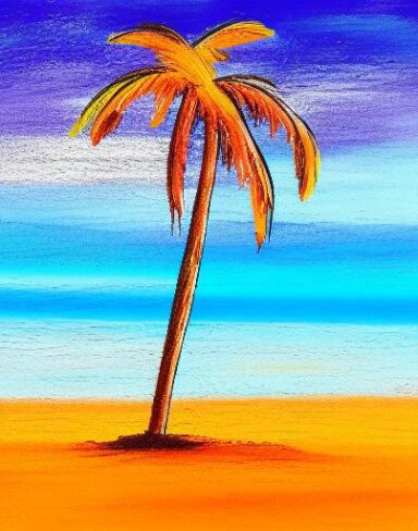 Color painting of palm tree on a beach