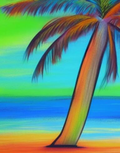 Color painting of palm tree on a beach
