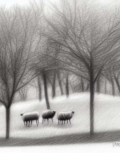 Drawing of sheep and trees