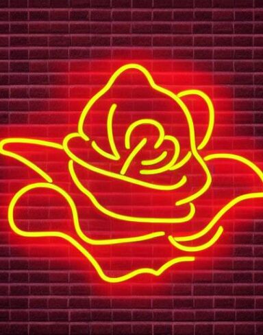 Flower neon sign on a brick wall
