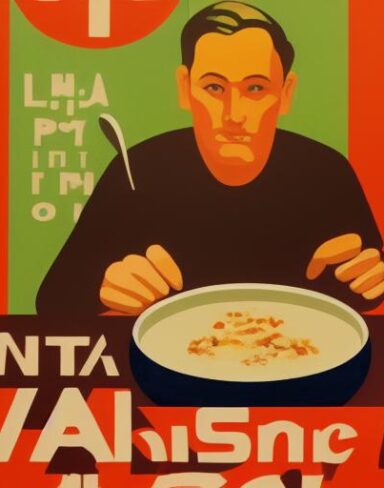 Man holding spoon in front of a bowl of soup