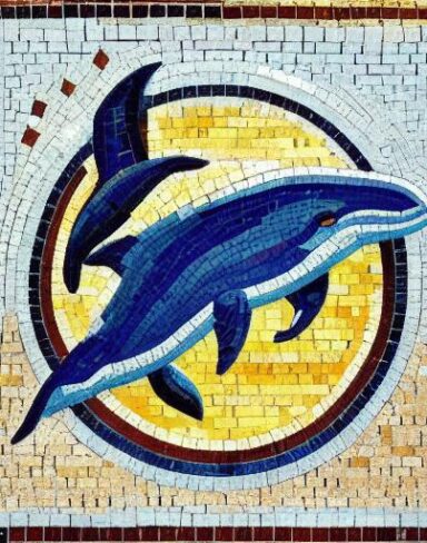 Mosaic of a dolphin in the costal inspired by Charles Ginner