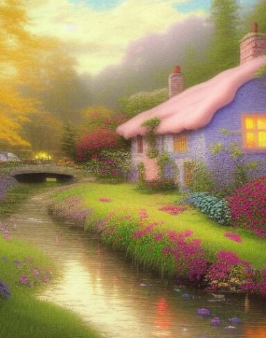 Painting of a cottage by a river with vivid flowers