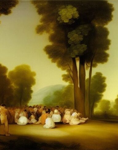 Painting of a group of people in the forest by Francisco de Holanda