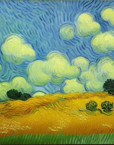 Painting of a wheatfield with trees