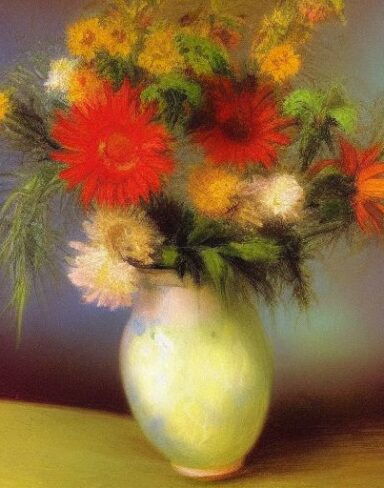 Painting of flowers in a vase on a table