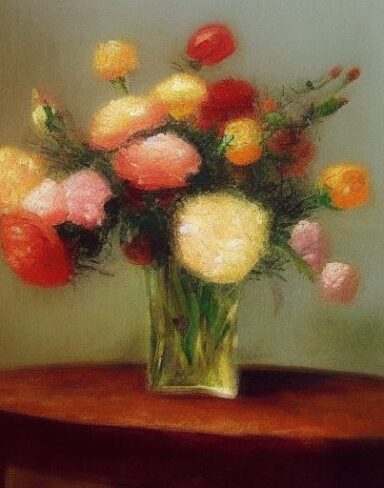 Painting of flowers in a vase on a table