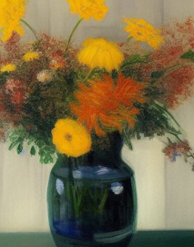 Painting of flowers in a vase on a table