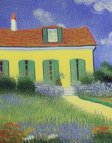 Painting of one house in a garden with some flowers