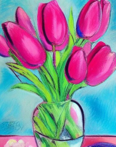 Painting of pink flowers in the vase