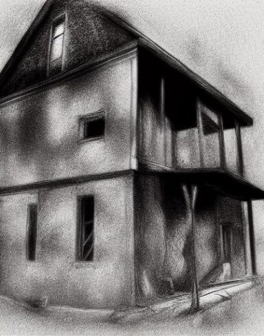 The black and white charcoal drawing of house