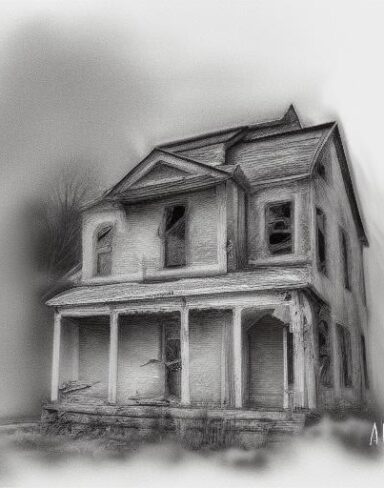 The black and white charcoal drawing of house