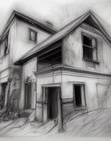 The black and white charcoal drawing of house