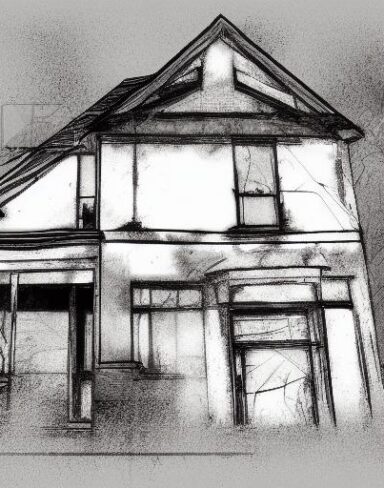 The black and white drawing of the house