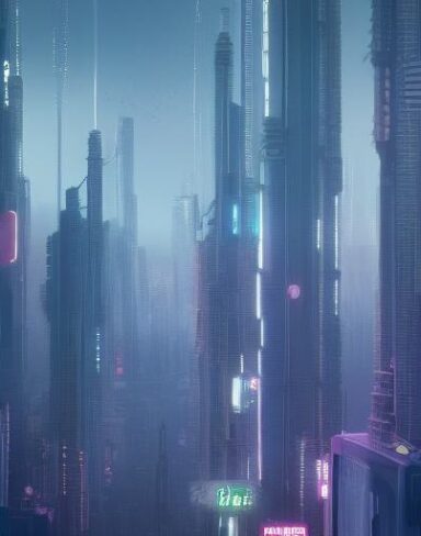 The digital city filled with various tall buildings