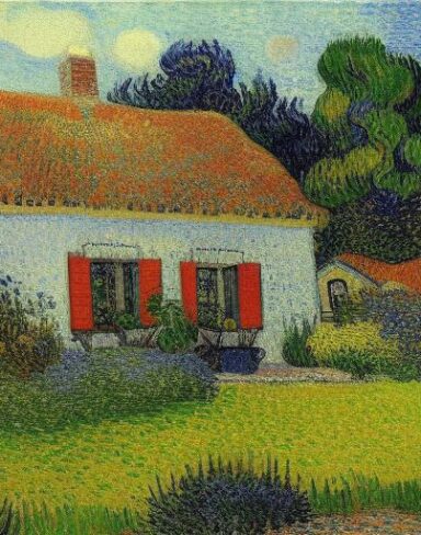 The impressionism painting of house with garden