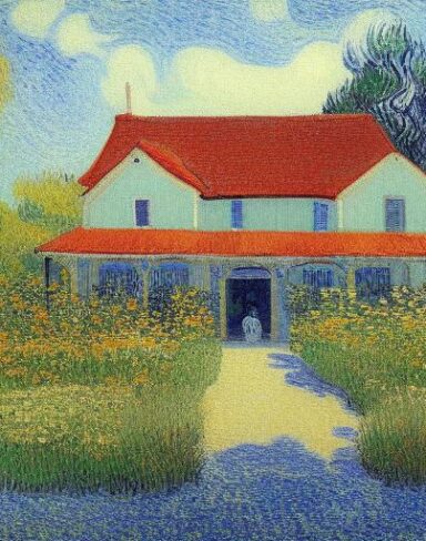 The impressionism painting of the house and a garden with beautiful flowers
