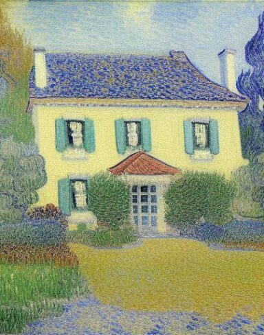 The impressionism painting of the house inside a garden