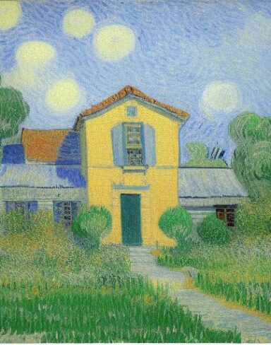 The impressionism painting of the house with garden