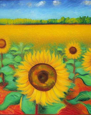 The oil painting of sunflowers in the field