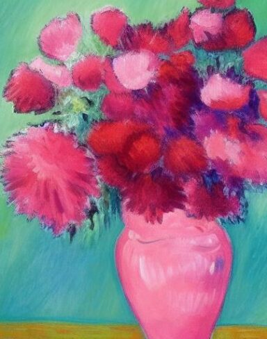 The painting of pink flowers in the vase