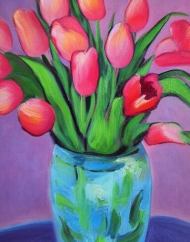 The painting of several pink flowers in a vase