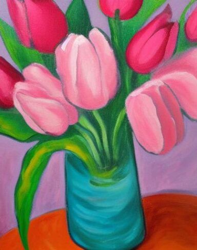 The painting of several pink flowers in a vase