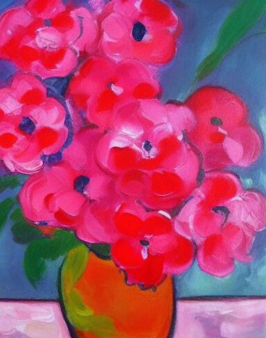 The painting of several pink flowers in a vase