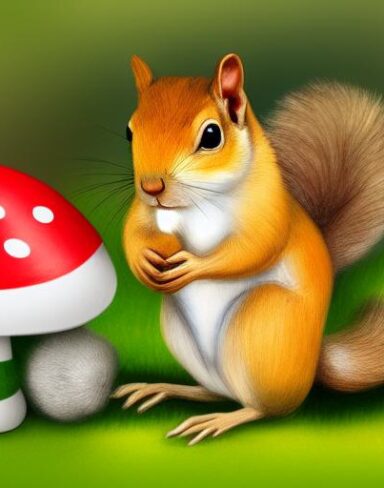 The squirrels near a mushroom
