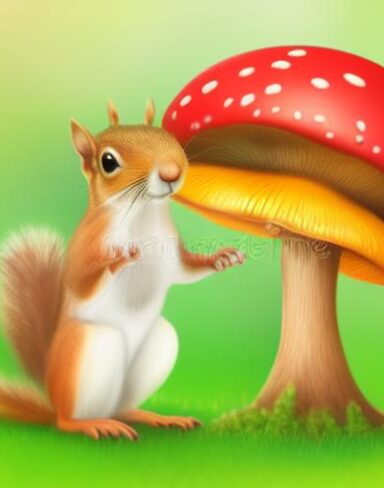 The squirrels near a mushroom