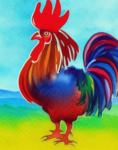 The watercolor painting of a rooster