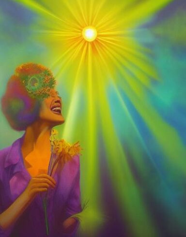 The woman in the psychedelic artwork is seen holding a laughing flower in ultra wide-angle view