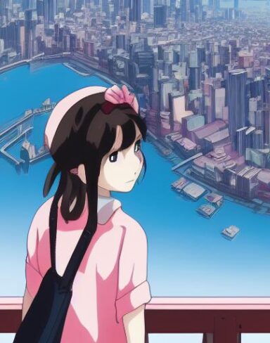 This enchanting anime portrait from Studio Ghibli portrays a school girl in front of the vibrant Tokyo cityscape in an analog photo style. The school girl stands on a rooftop