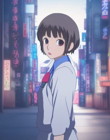 This mesmerizing anime portrait from Studio Ghibli showcases a school girl in a low angle shot