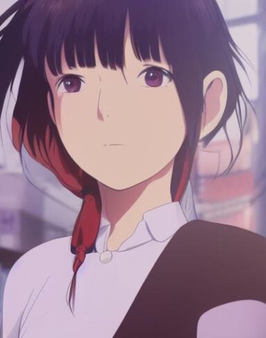 This mesmerizing anime portrait from Studio Ghibli showcases a school girl in a low angle shot