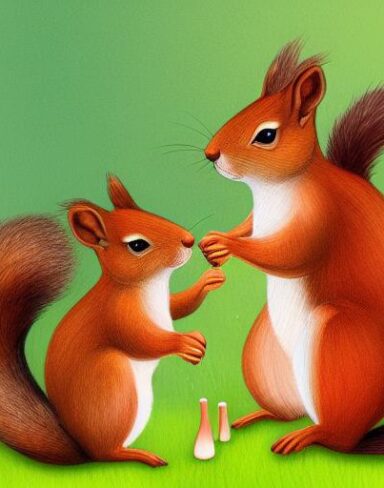 Two squirrels near mushrooms