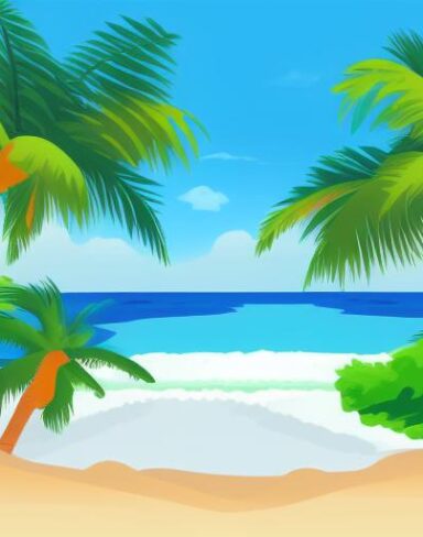 A beach scene with palm trees