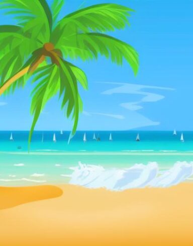 A beach scene with palm trees
