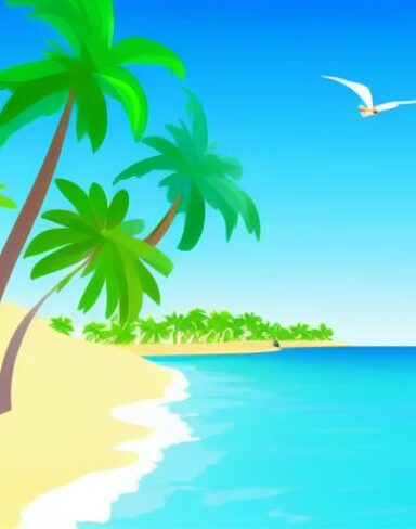 A beach scene with palm trees