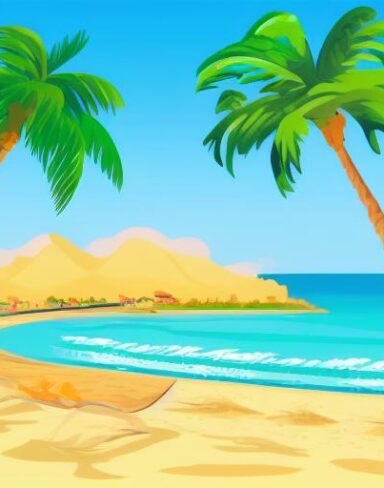 A beach scene with palm trees