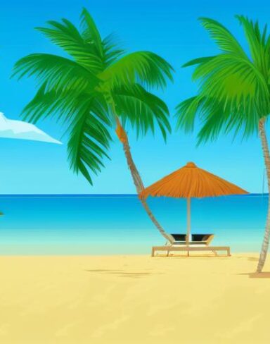 A beach scene with palm trees