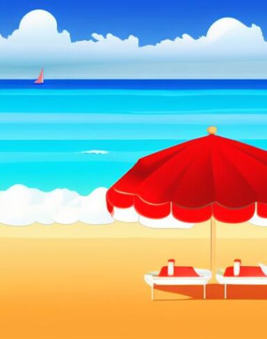 A beach scene with palm trees and a red and white umbrella