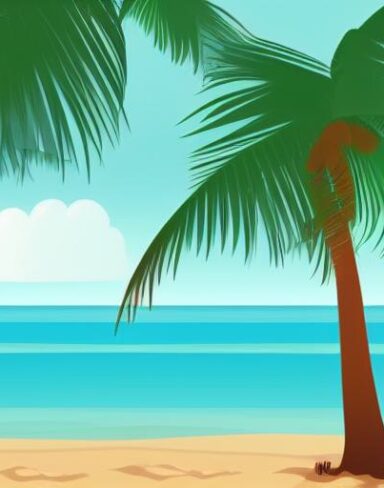 A beach scene with palm trees and umbrella