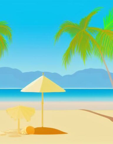 A beach scene with palm trees and umbrella