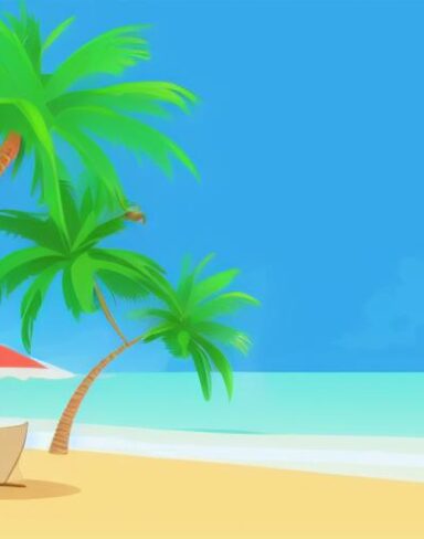 A beach scene with several palm trees and umbrella