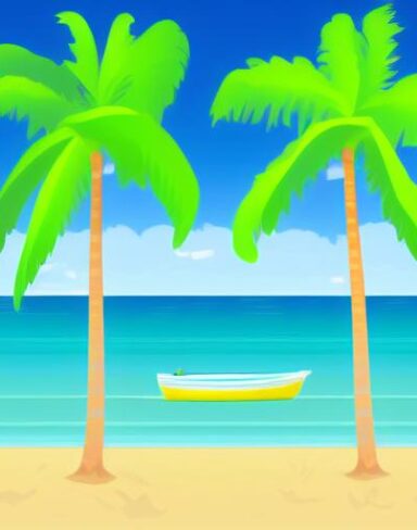 A beach scene with some palm trees