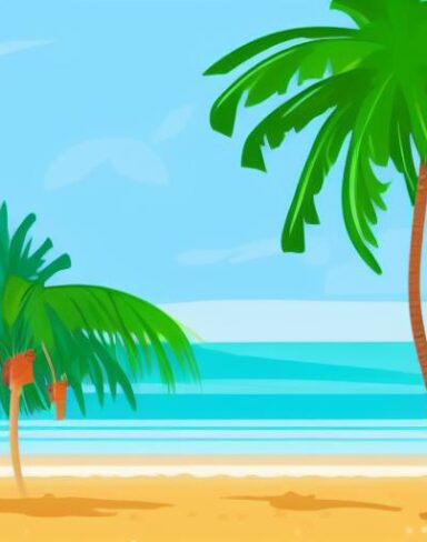 A beach scene with some palm trees and umbrella