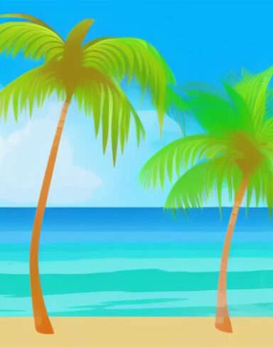A beach with palm trees and umbrella
