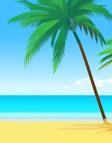 A beach with palm trees and umbrella