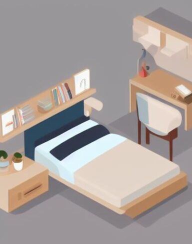 A bedroom with a bed and desk in it